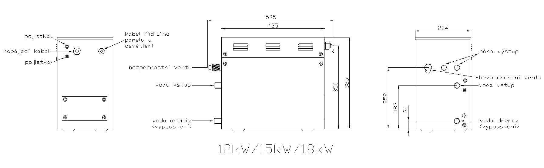 Generátor páry 18 kW, TEFLONem potažená topná tělesa, automatické odvápňování